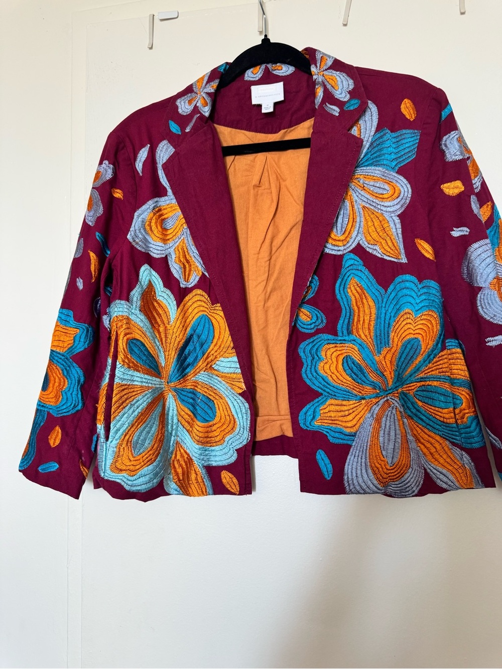Anthropologie Burgundy Blazer with Teal & Orange Floral Embroidery
